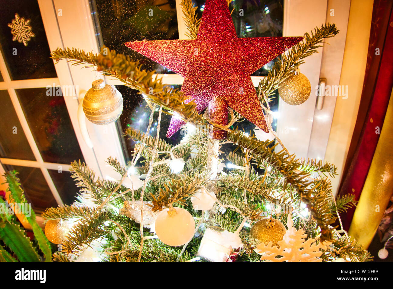 Christmas tree with red shiny star and gold white toys in the interior