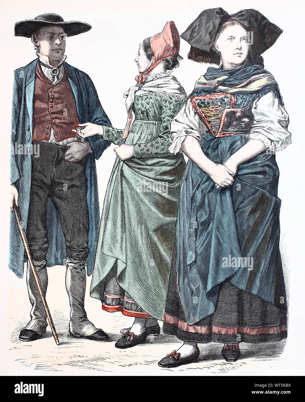 National costume, clothes, history of the costumes, man from upper lake brook, women from Aschbach-Sulz and the castle Umge of Strasbourg, national costumes from Alsace, France, in 1885, Volkstracht, Kleidung, Geschichte der Kostüme, Mann aus Oberseebach, Frauen aus Aschbach-Sulz und der Umgeburg von Straßburg, Trachten aus dem Elsaß, Frankreich, 1885 Stock Photo