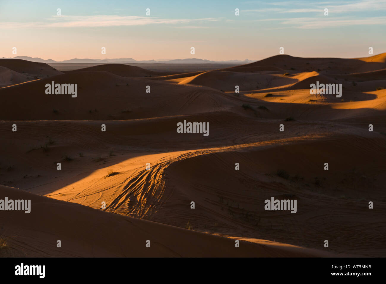 Gorgeous and scenic desert sunset scene above beautiful sand dunes Erg Chebbi, Morocco, Merzouga Stock Photo