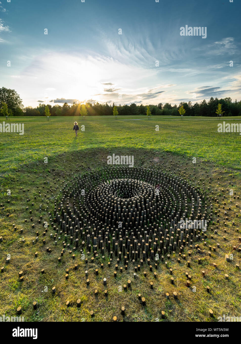 Land art object of 15th Earth Art Exhibition 'Discoveries' at the opening day at Vilnius University Botanical Garden in Kairenai Stock Photo