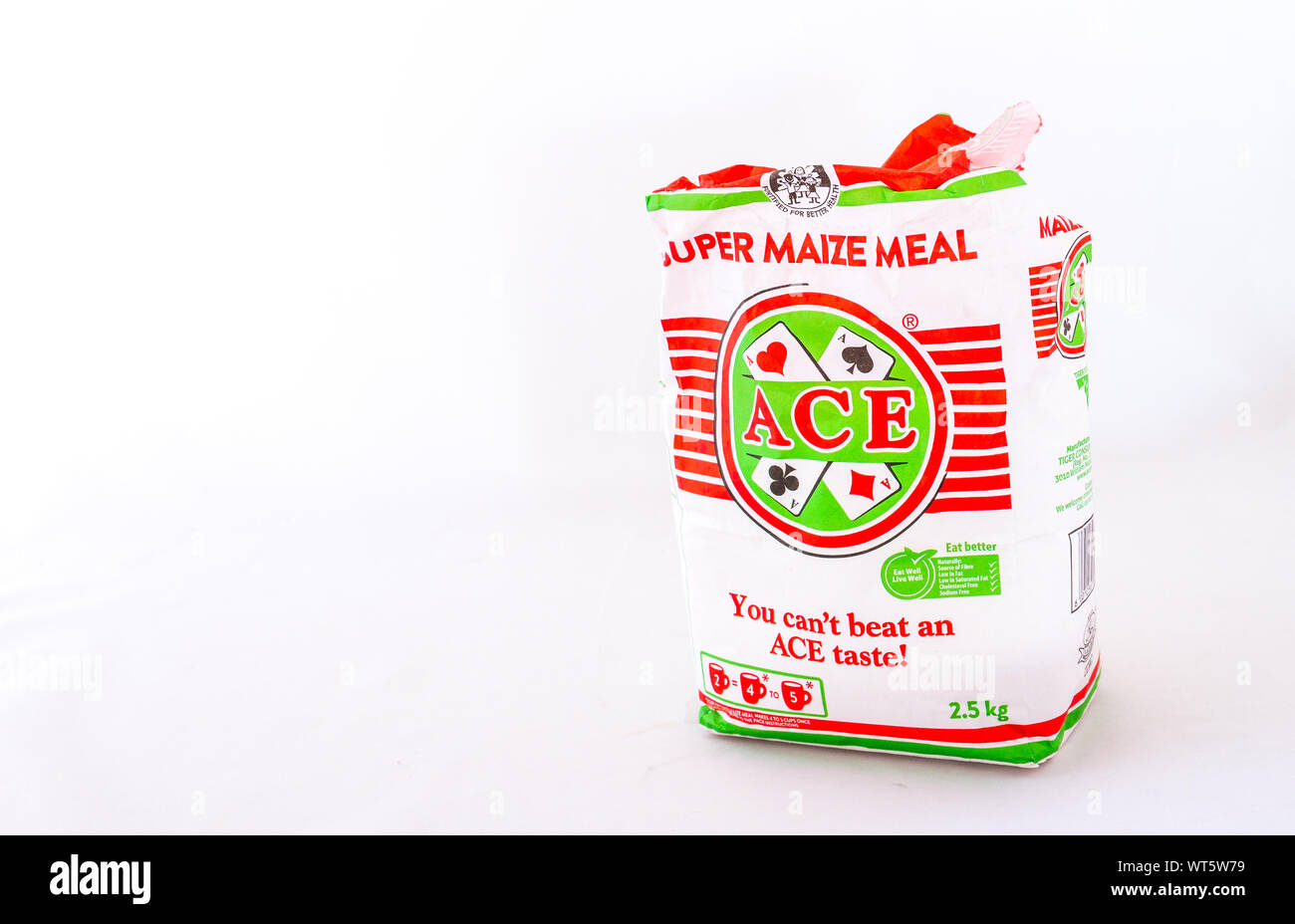 Johannesburg, South Africa - an open bag of ACE super maize meal isolated on a white background image with copy space in horizontal format Stock Photo