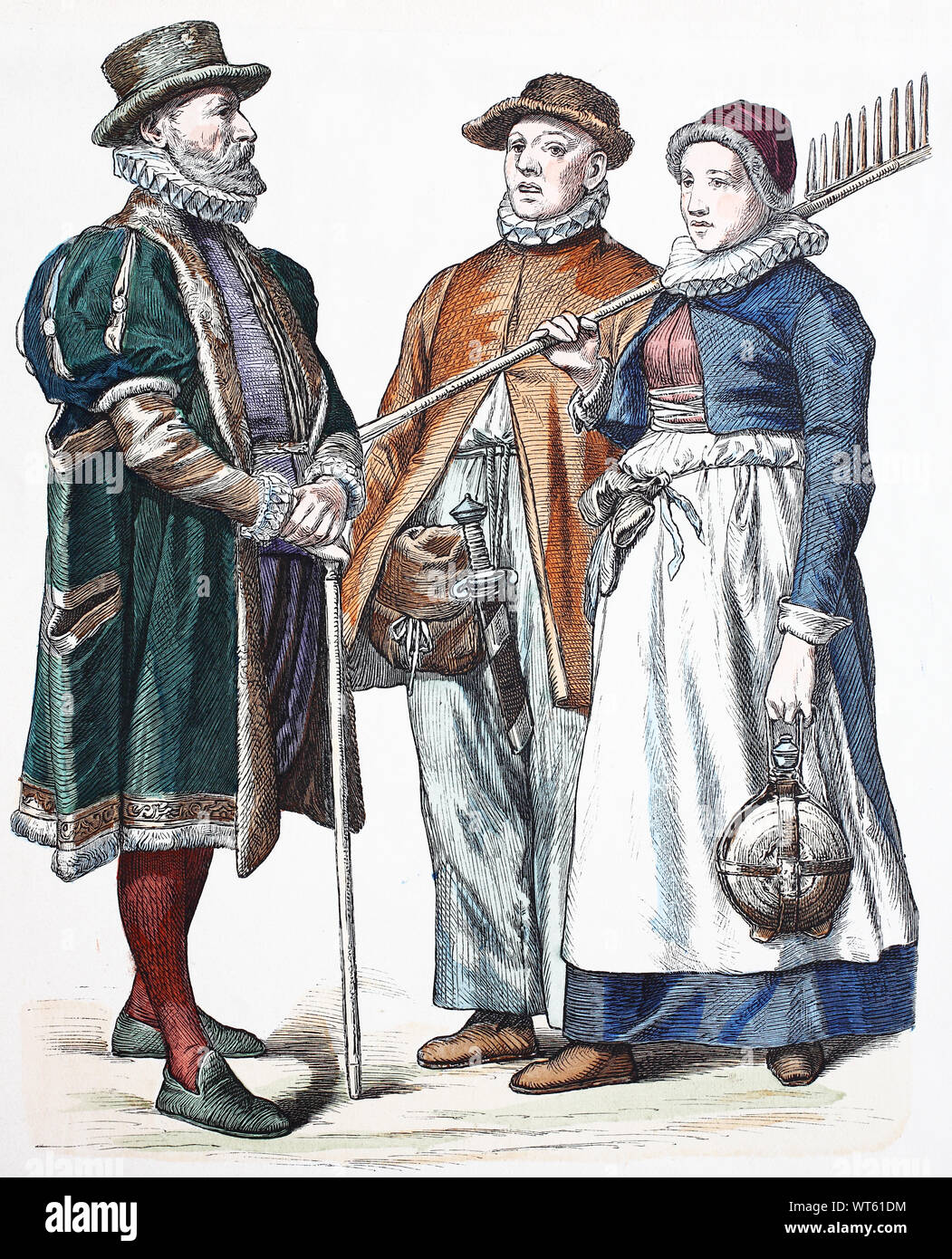 National costume, clothes, history of the costumes, businessman from  Rostock and cages from Rostock, national costumes from Germany, 16th  century, Volkstracht, Kleidung, Geschichte der Kostüme, Kaufmann aus  Rostock und Bauern aus Rostock,