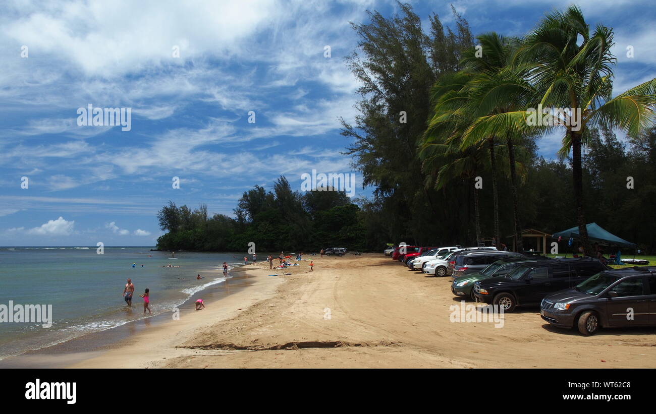 Cars parking on Hanalei beach, Kauai, Hawaii Stock Photo Alamy