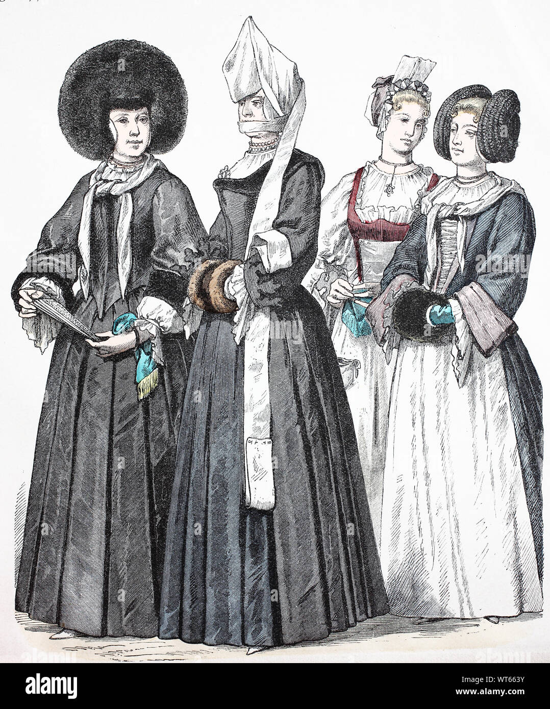 National costume, clothes, history of the costumes, women's national  costume with honourary occasions, noble woman in grief, lady's national  costume in the house, lady's national costume with rose cap, Switzerland,  at the