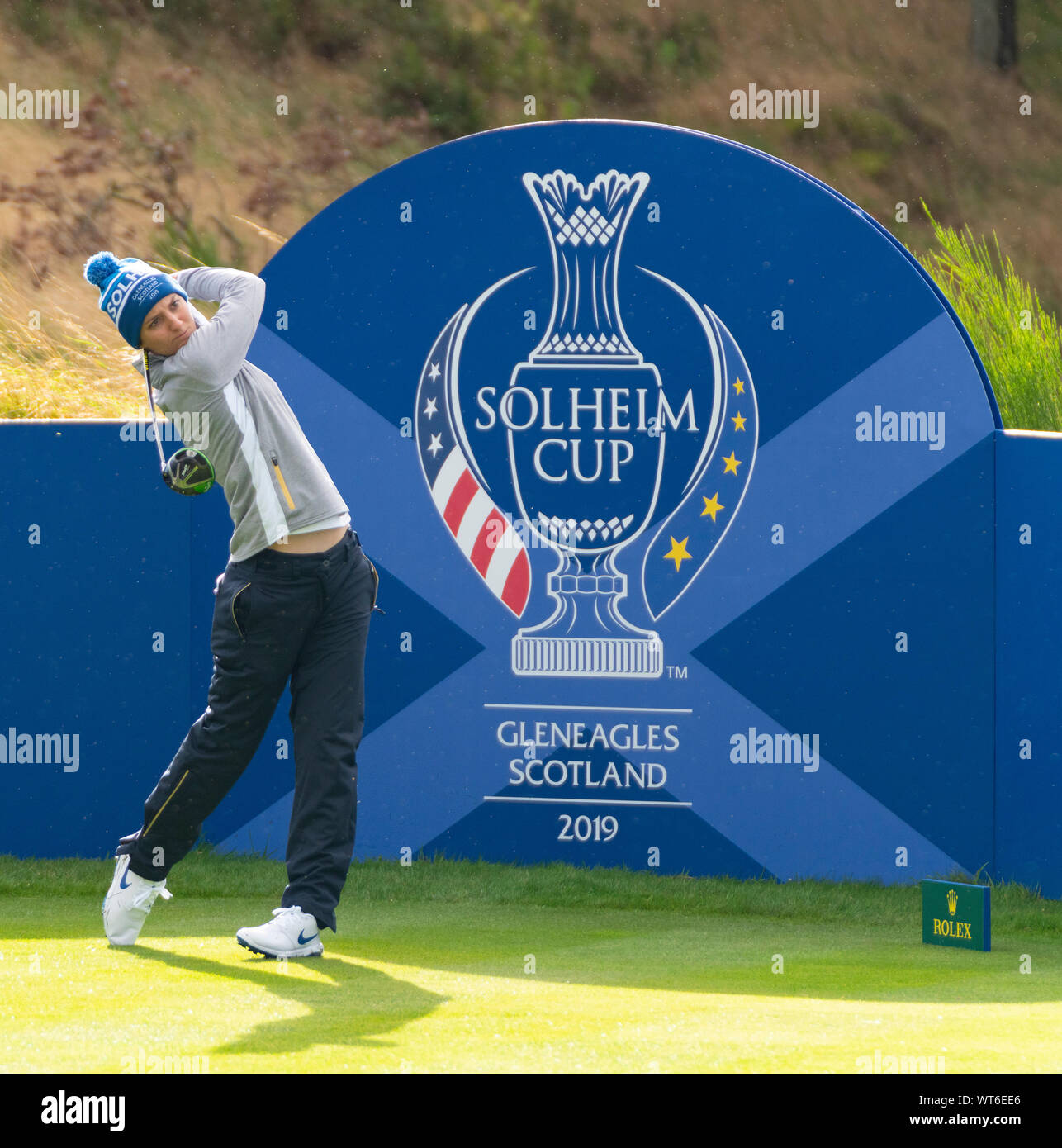 Auchterarder, Scotland, UK. 11th Sep, 2019. Practice day 3 for the 2019 Solheim Cup at the Centenary Course at Gleneagles. Pictured; Azahara Munoz of Europe tees off. Credit: Iain Masterton/Alamy Live News Stock Photo