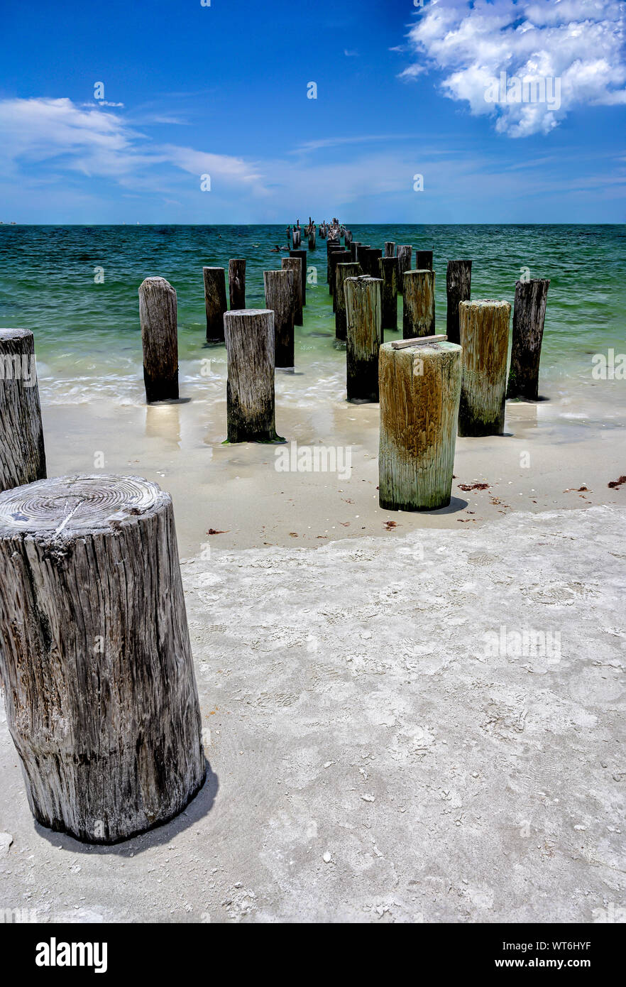 Wood pilings of the old Naples Pier Stock Photo