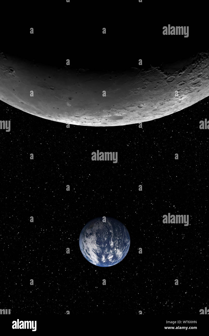 Closeup of the Moon and the small planet Earth against starry night sky background, elements of this image furnished by NASA Stock Photo