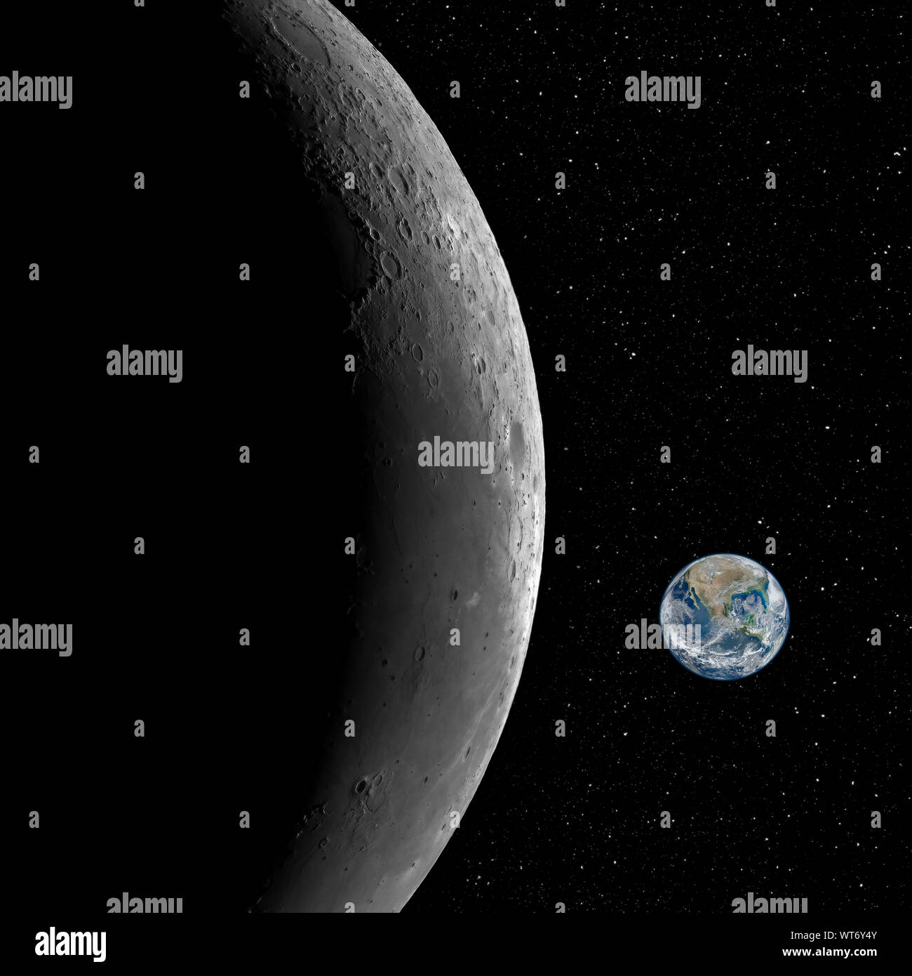 Closeup of the Moon and the small planet Earth against starry night sky background, elements of this image furnished by NASA Stock Photo
