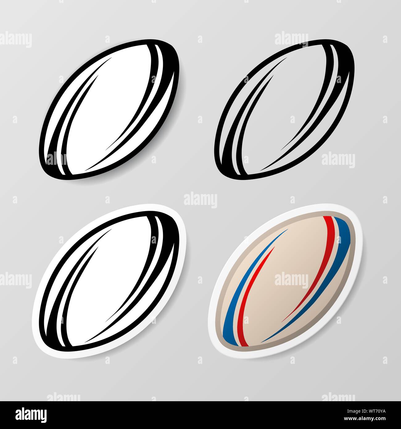 Set of four different rugby stickers isolated on gray background Stock