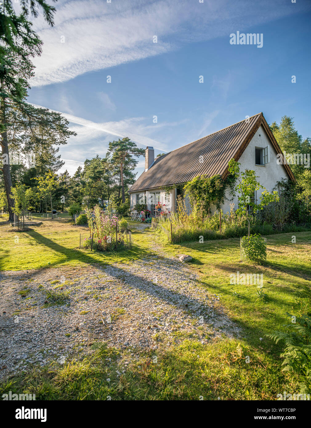 Small cottage and a beautiful garden in a rural landscape. Gotland, Sweden, Scandinavia. Stock Photo