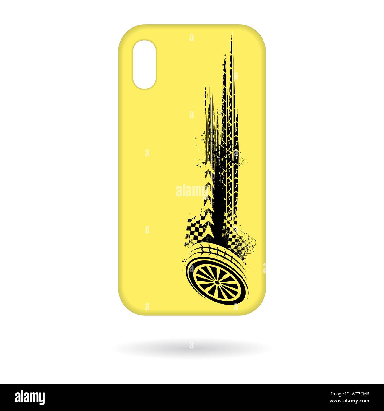 Yellow phone case with black grunge tire track print isolated on white background Stock Vector