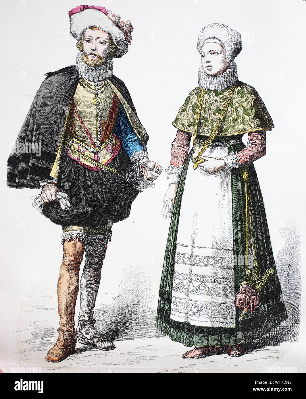 National costume, clothes, history of the costumes, nobleman with woman  from Denmark, in 1600-1630, Volkstracht, Kleidung, Geschichte der Kostüme,  Edelmann mit Frau aus Dänemark, 1600-1630 Stock Photo - Alamy