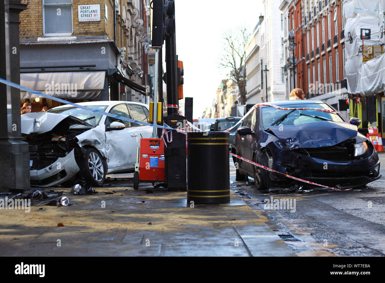 AUTHENTIC IMAGERY. CAR CRASH IN LONDON'S WEST END. BAD DRIVING. REAL THINGS. REAL PLACES. REAL PEOPLE. HONEST IMAGERY. HEARTFELT IMAGERY. NEWS TYPE IMAGERY. AFTERMATH IMAGERY. CONSEQUENCES OR AFTER EFFECTS OF A SIGNIFICANT UNPLEASANT EVENT. ACCIDENT. ACCIDENTAL EVENTS. ROAD SAFETY. AUTHENTIC IMAGERY ON alamy.com Stock Photo