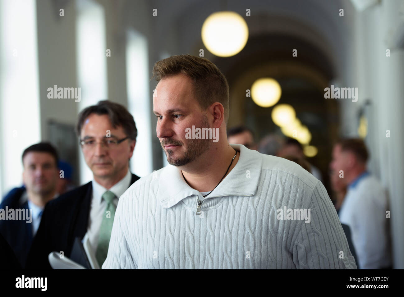 Berlin, Germany. 11th Sep, 2019. Jens Redlich, former chairman of the board  of the soccer club Tennis Borussia Berlin, leaves a hall in the district  court Charlottenburg after a hearing in the