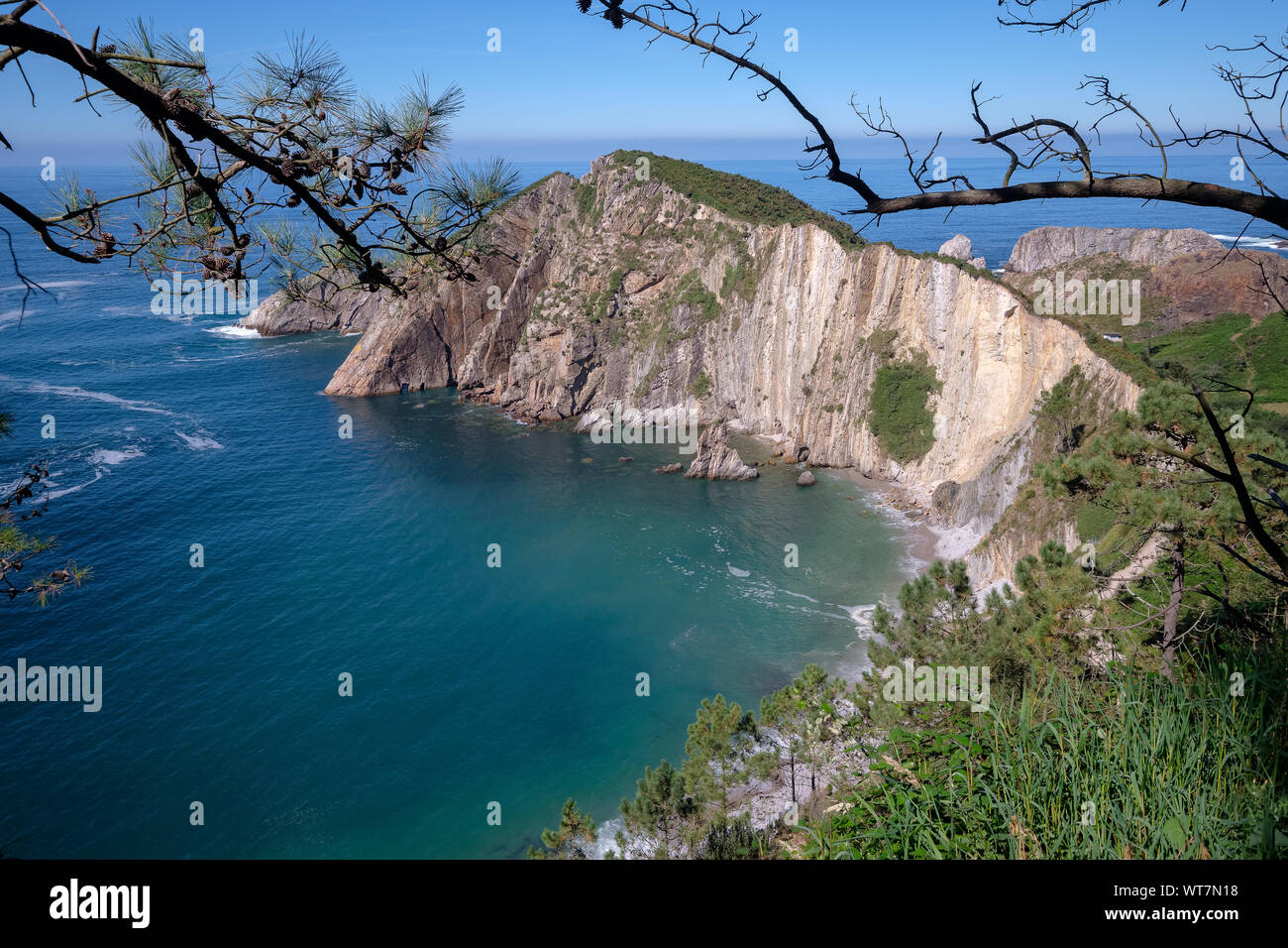 Scenic view over beach and cliffs of playa del silencio on a sunny day, Cudillero, Asturias, Northern Spain Stock Photo