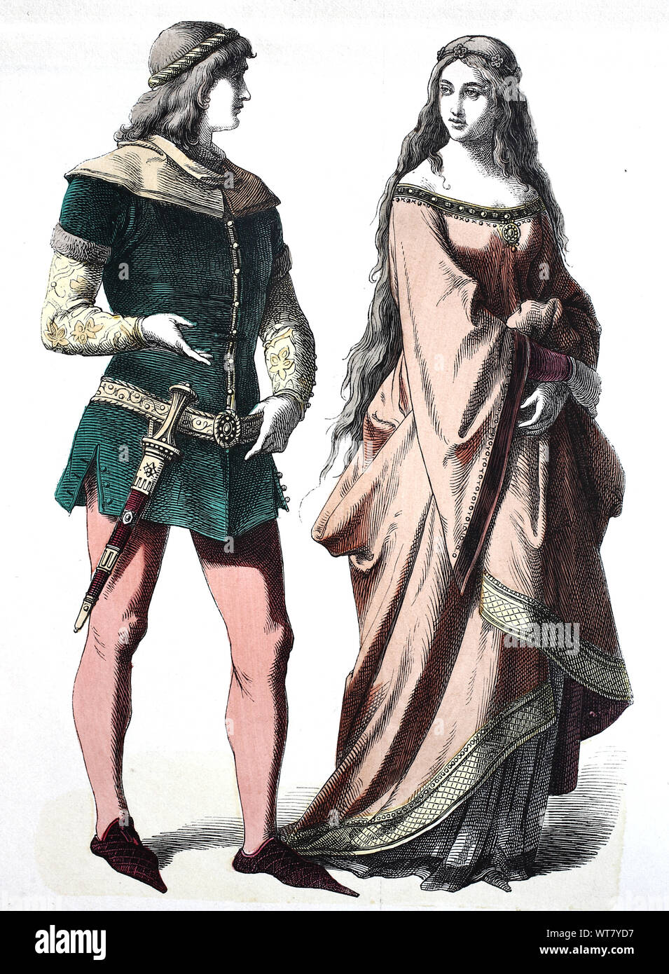 National Costume Clothes History Of The Costumes Knights And Unmarried Noblewomen Germany 14th Century Volkstracht Kleidung Geschichte Der Kostume Ritter Und Edelfraulein Deutschland 14 Jahrhundert Stock Photo Alamy