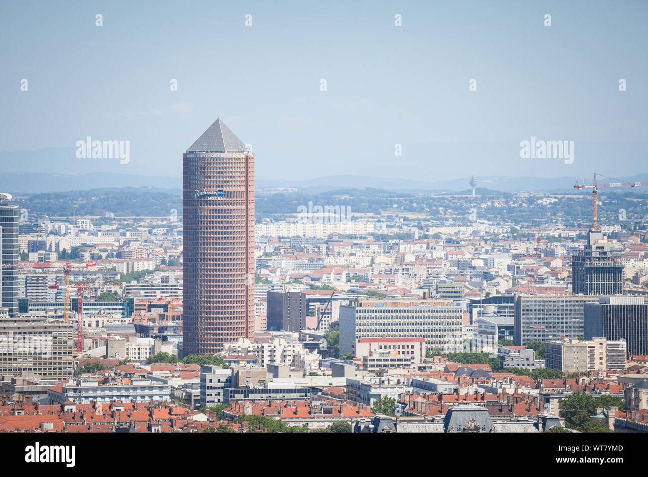 LYON, FRANCE - JULY 19, 2019: Aerial panoramic view of Lyon with the the iconic skyscraper of Le Crayon visible in front, a business high rise and Rad Stock Photo