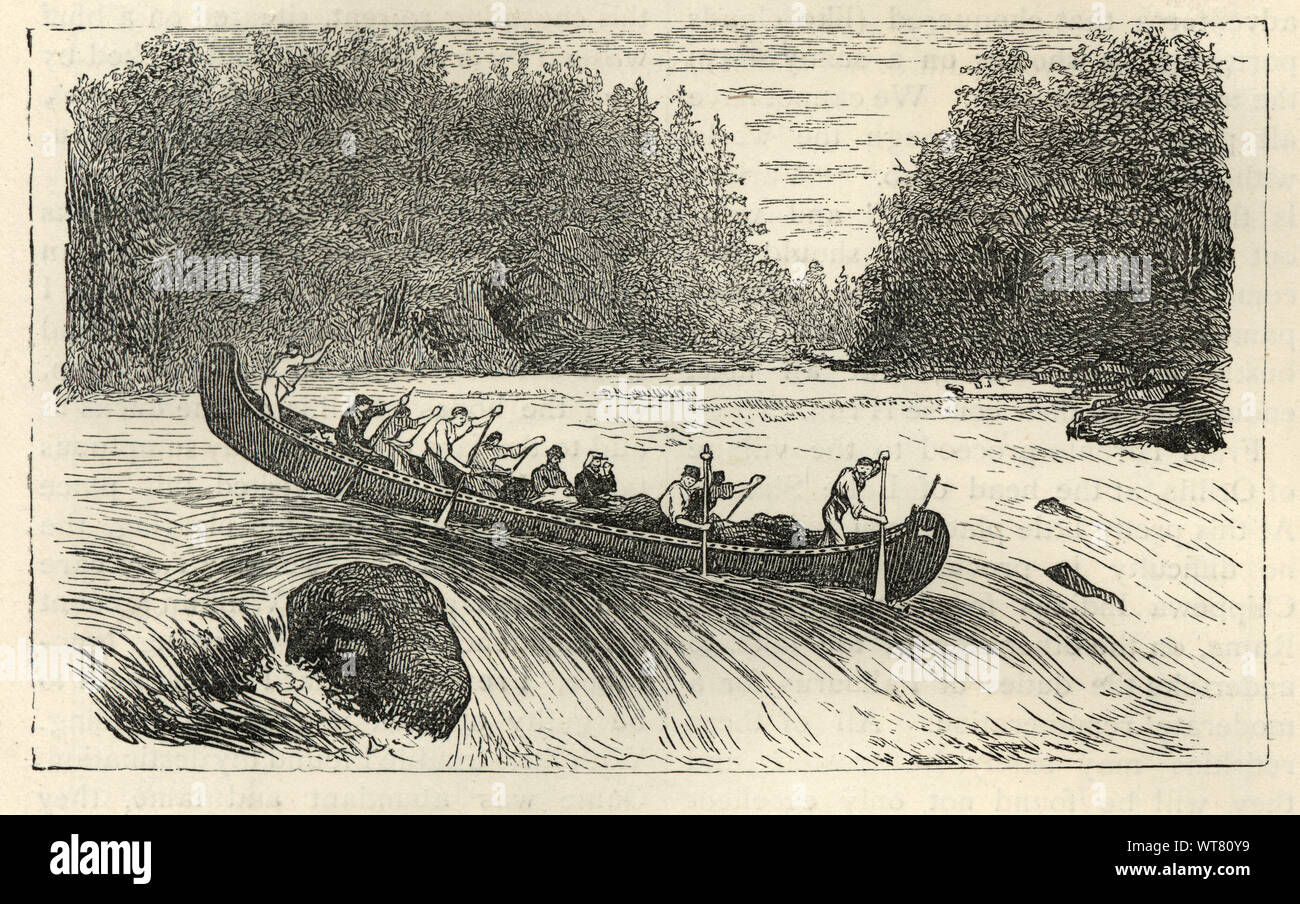 Vintage engraving of a Group of men riding rapids in a giant canoe