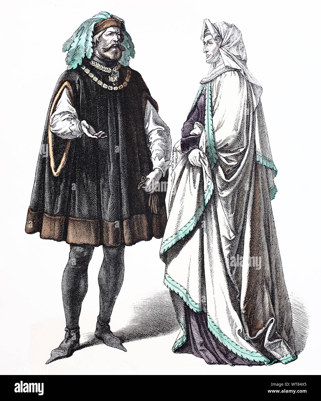 National costume, clothes, history of the costumes, German patricians, in 1450-1500, Volkstracht, Kleidung, Geschichte der Kostüme, deutsche Patrizier, 1450-1500 Stock Photo