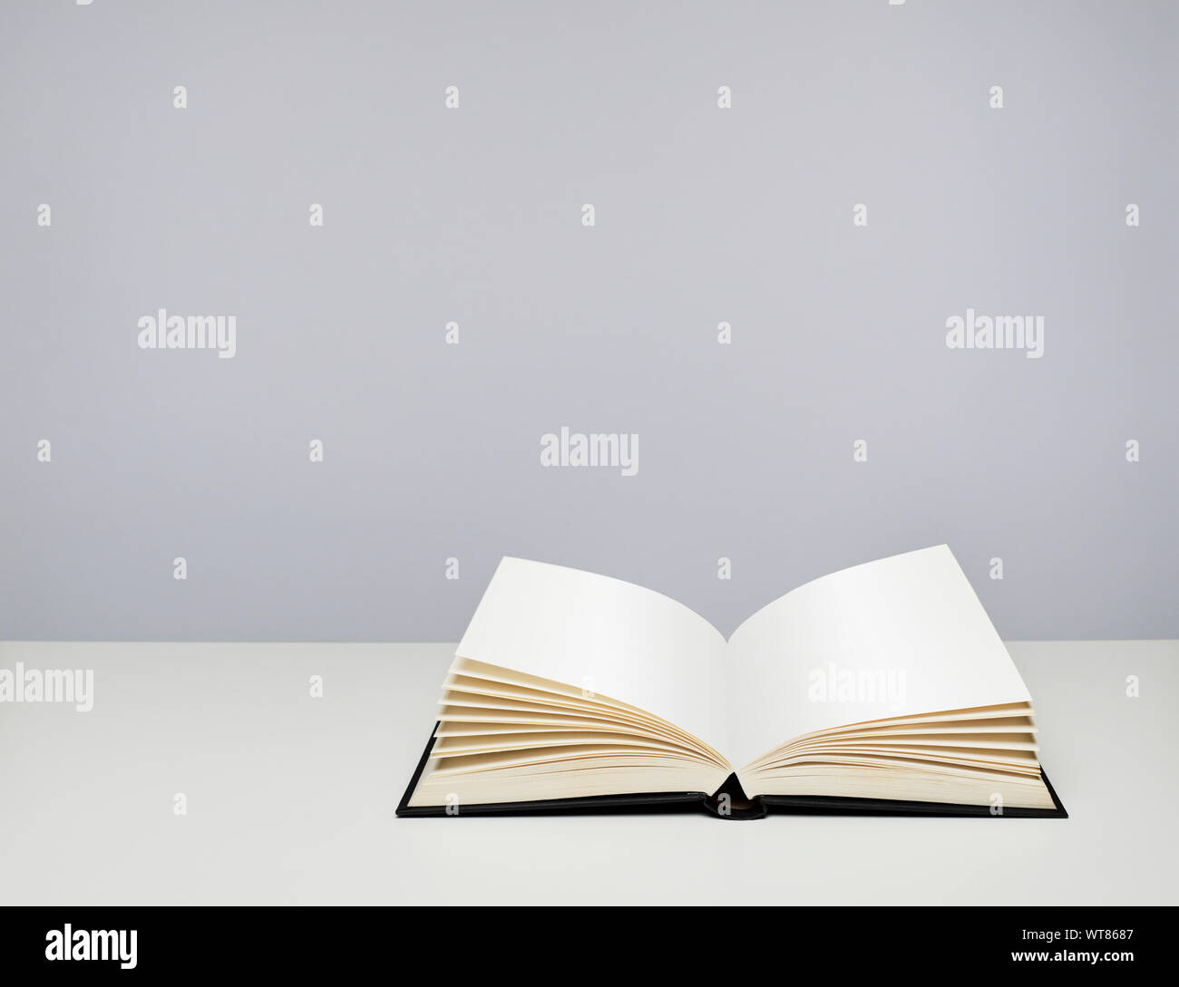 Open book. Hardback book with blank pages on a table Stock Photo