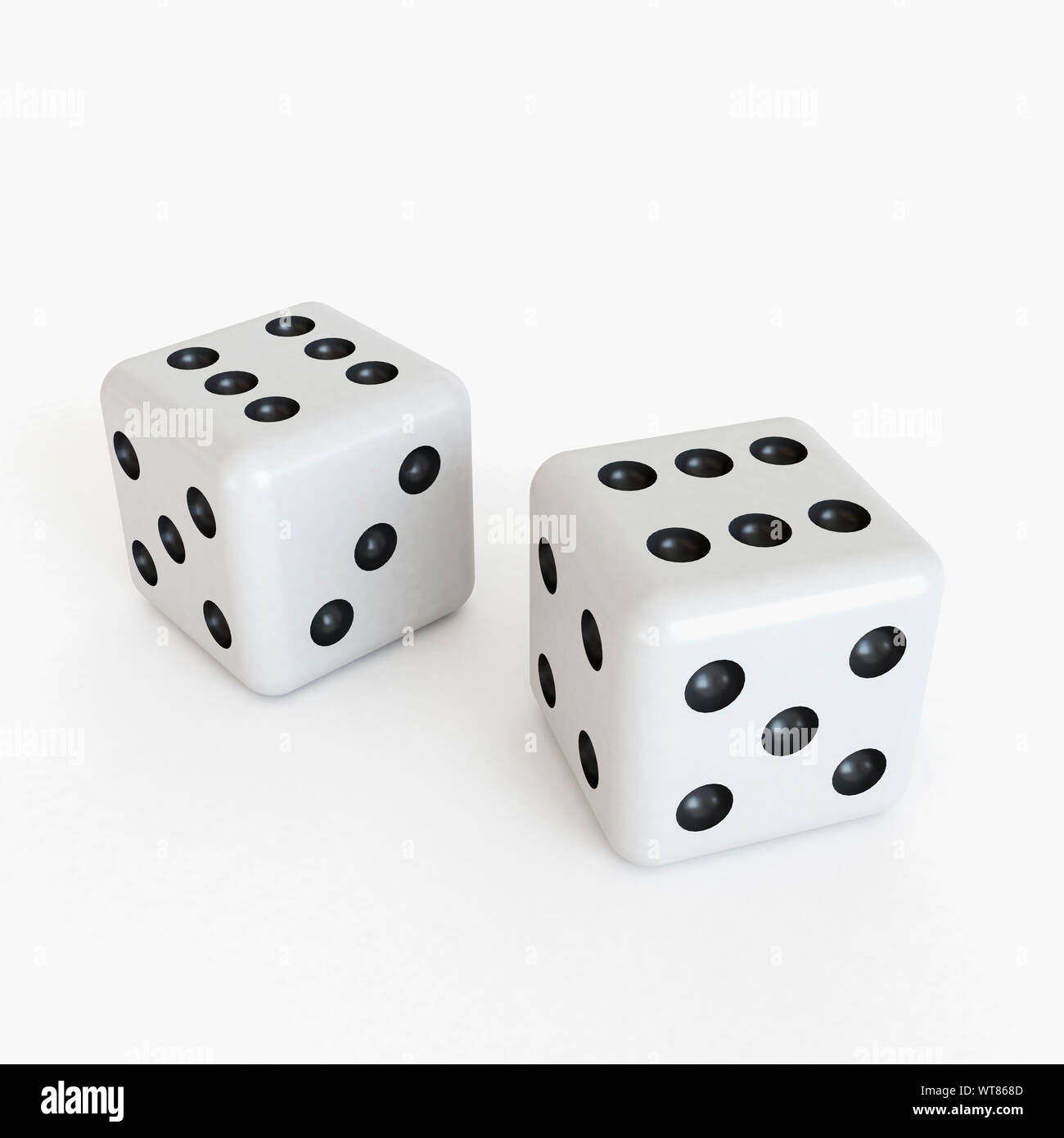 Pair of white dice, both showing six or a pair of sixes Stock Photo