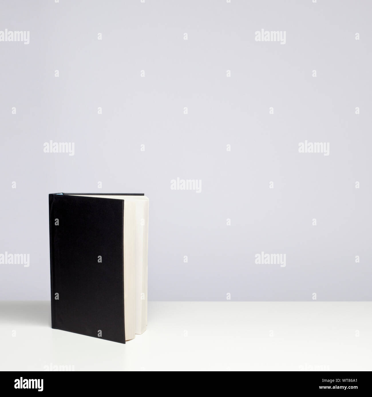 Hardback book with blank cover standing upright on a table Stock Photo