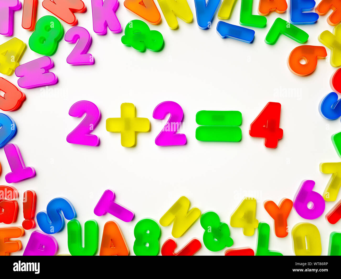 Plastic multi coloured fridge magnet alphabet showing 2+2 = 4 math maths Stock Photo
