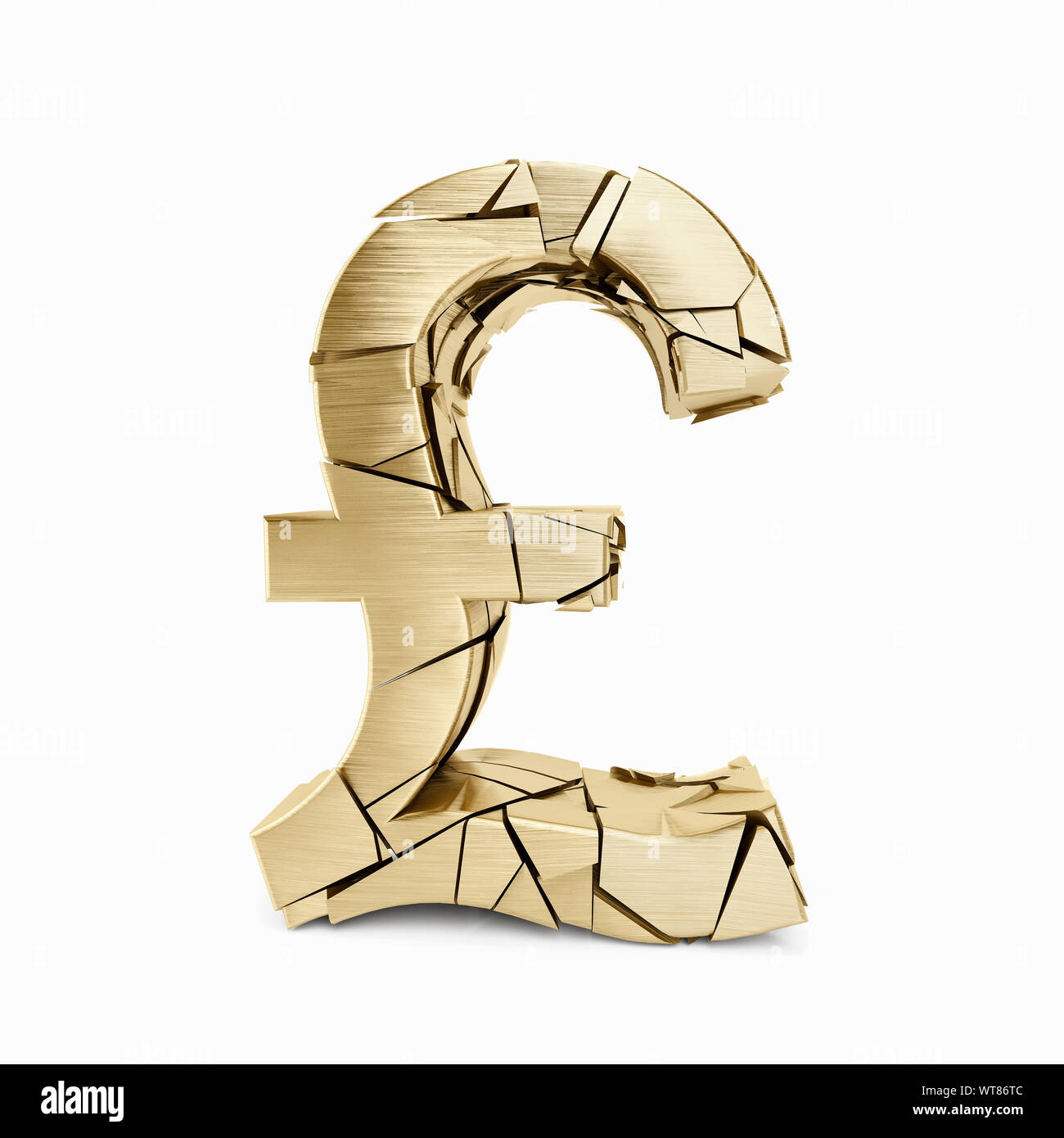 Cracked and crumbling gold British Pound Sterling currency symbol, GBP Stock Photo