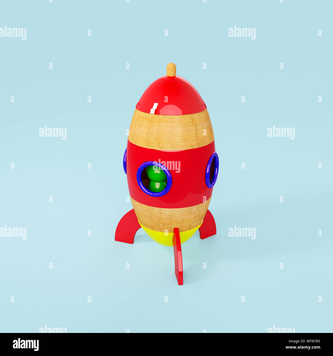 Childrens wooden toys, a wooden space ship and astronaut toy Stock Photo