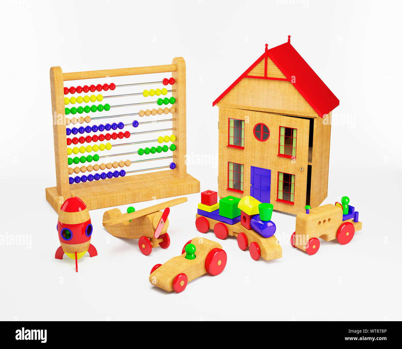 Selection of childrens wooden toys on a white background Stock Photo