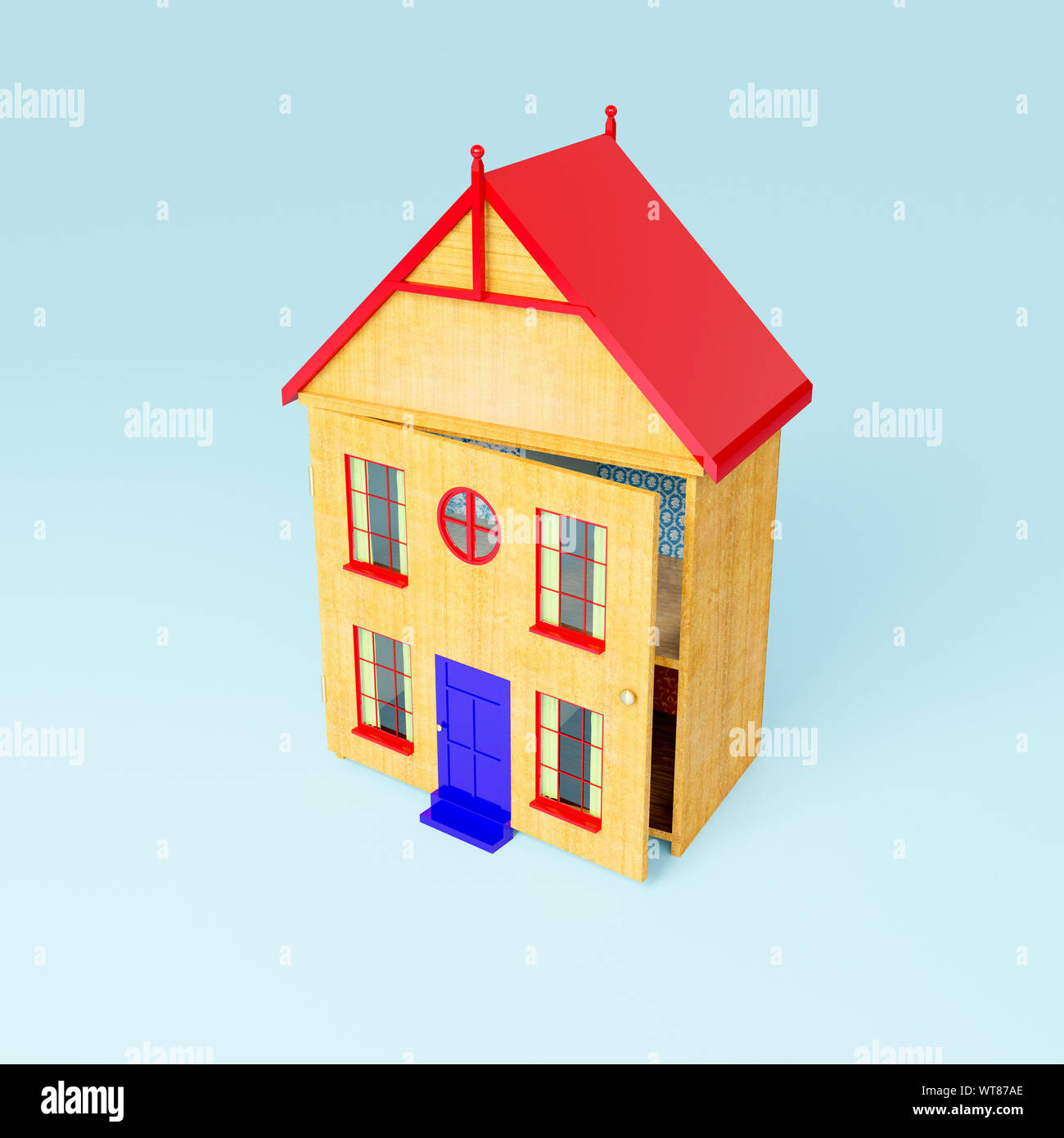 Childrens wooden toys, a wooden dolls house or dollhouse toy Stock Photo
