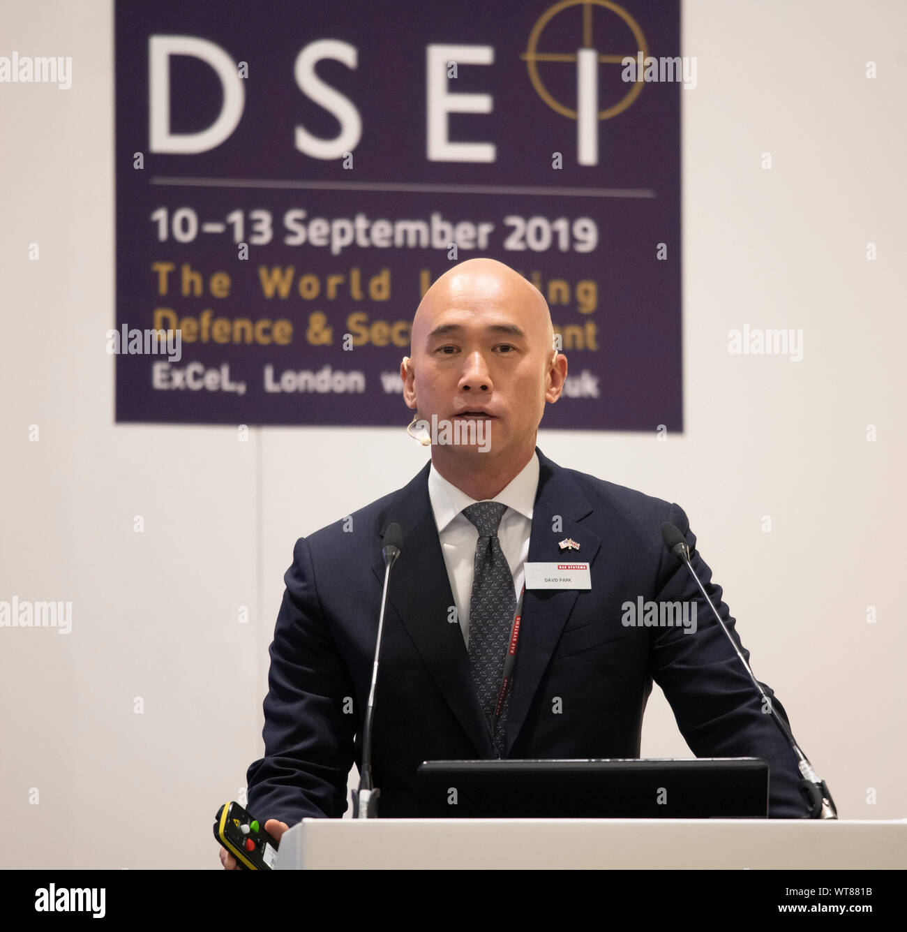 ExCel, London, UK. 11th September 2019. Defence & Security Equipment International (DSEI) event day 2 with speaker David Park, Regional Director International Business Development, BAE Systems ES. Credit: Malcolm Park/Alamy Live News. Stock Photo