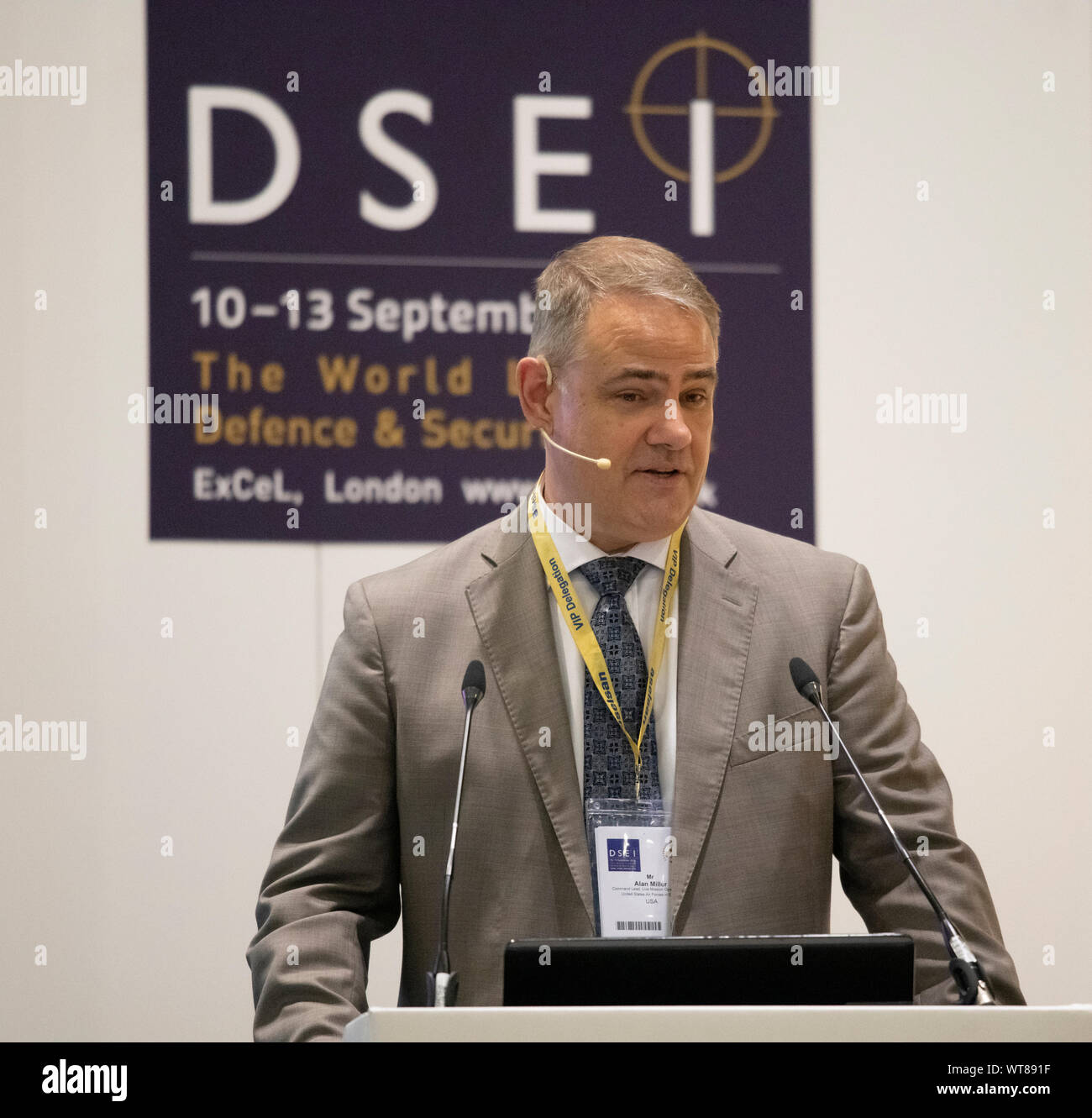 ExCel, London, UK. 11th September 2019. Defence & Security Equipment International (DSEI) event day 2 with speaker Alan Miller, Command Lead, Live Missions Operations Capability and Acting Command Electronic Warfare Officer, U.S. Air Forces in Europe - Air Forces Africa. Credit: Malcolm Park/Alamy Live News. Stock Photo