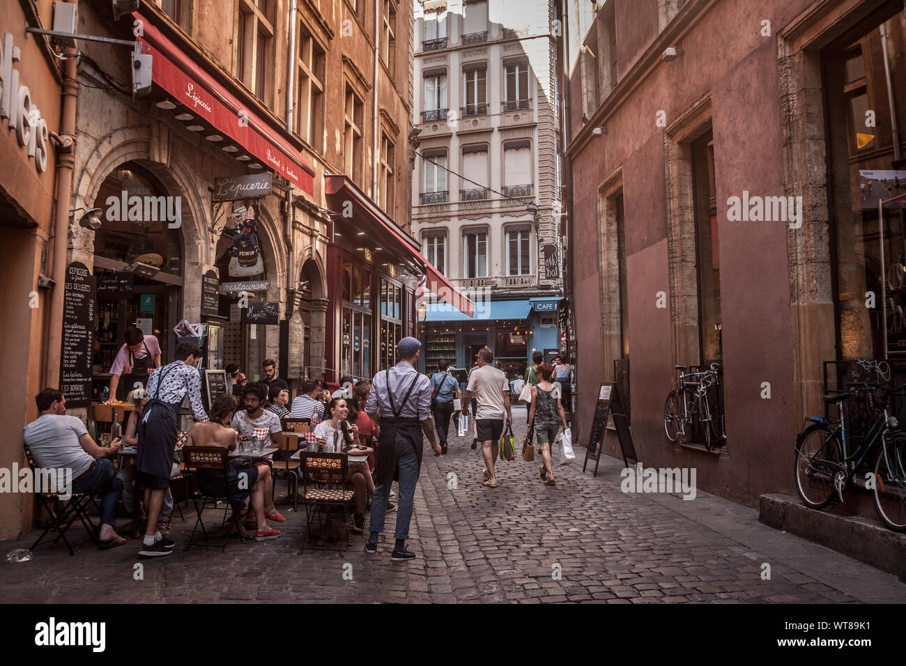 LYON, FRANCE - JULY 13, 2019: Traditional French Restaurant in Lyon seen from a street from Old Lyon, called Bouchon Lyonnais. It is a symbol of the G Stock Photo