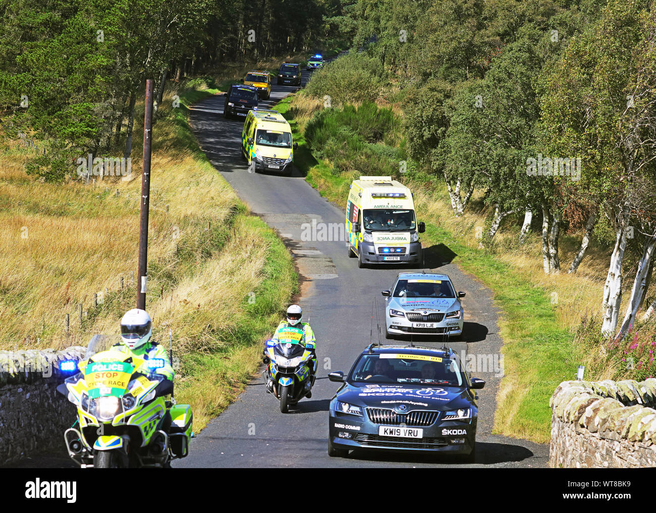 Back up vehicles for the OVO Energy Tour of Britain riders. Longformacus Scottish borders 2019 Stock Photo