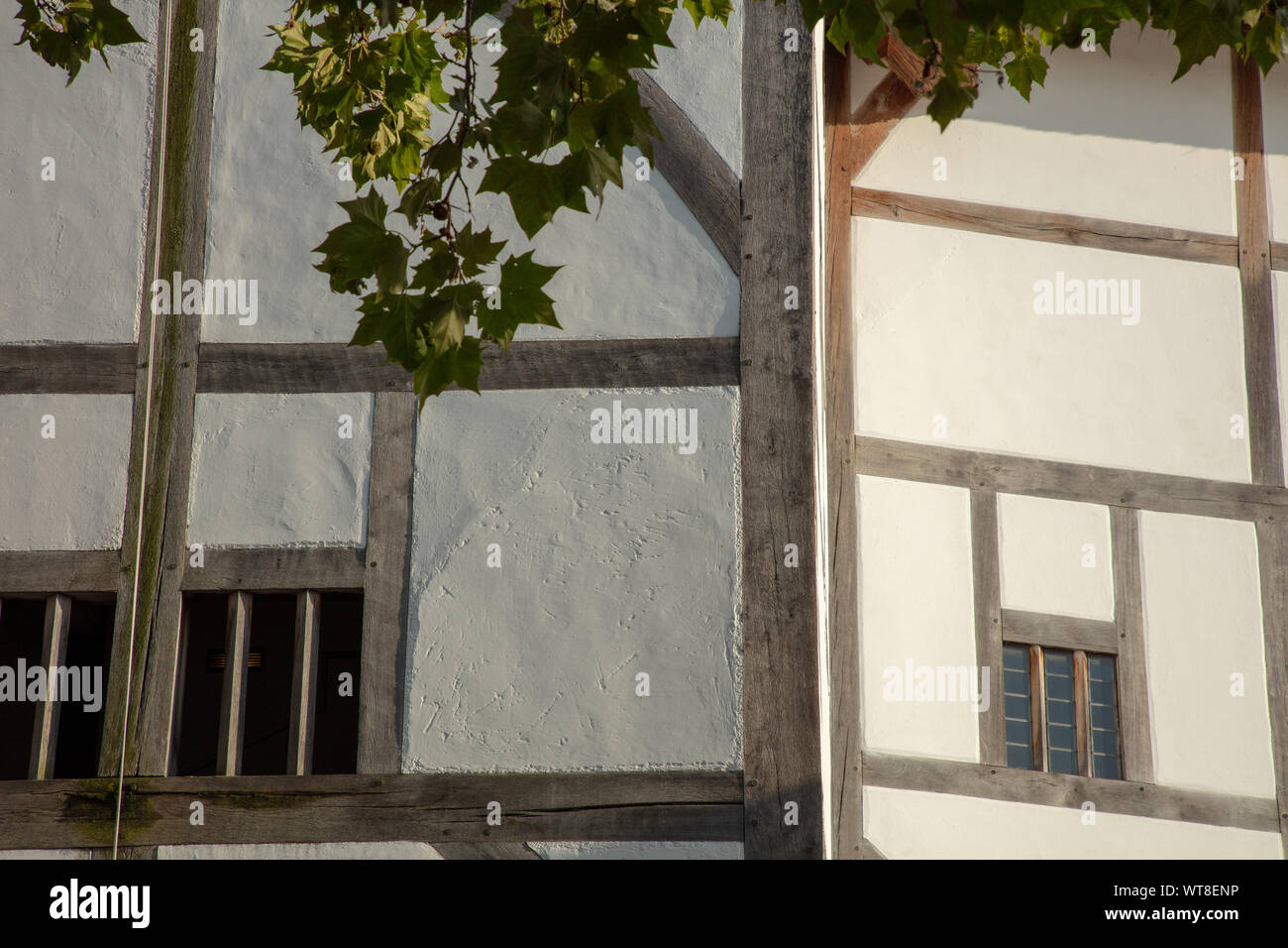 Detail of Shakespeare Globe Theatre in London showing the typical old English building design. Stock Photo