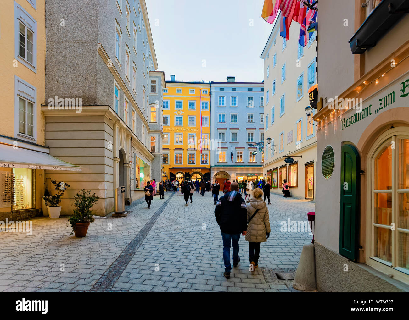 People in Getreidegasse Street at Mozart House Salzburg of Austria Stock Photo