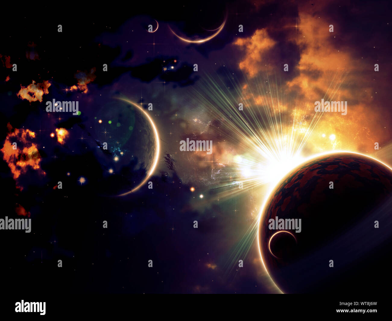 Space background with abstract clouds, stars and planets Stock Photo ...