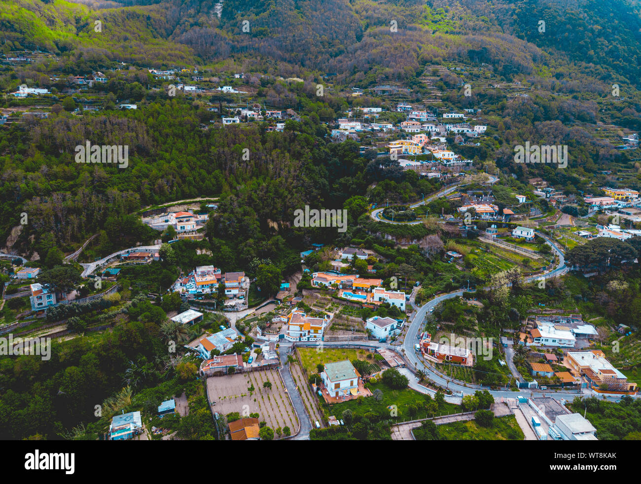 buildings in the mountains at ischia island from the drone view Stock Photo