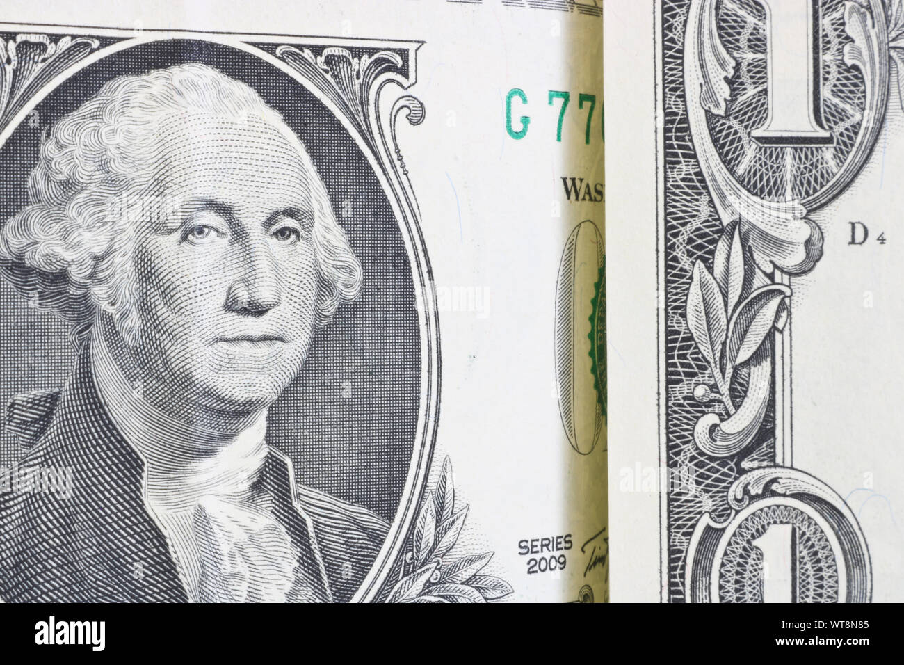 Us President Washington On A Bent 1 Dollar Bill Close Up Stock