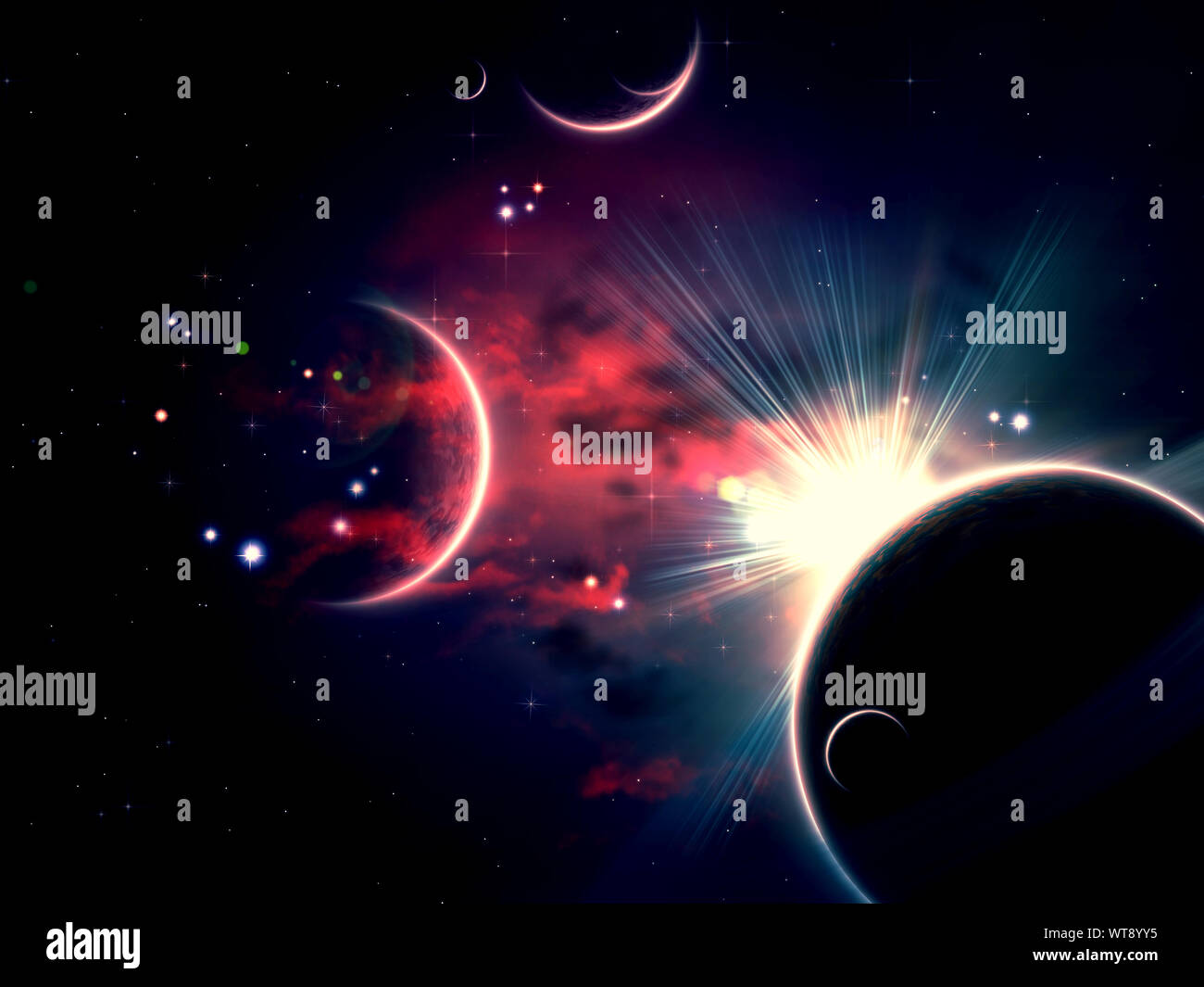 Space background with abstract clouds, stars and planets Stock Photo ...