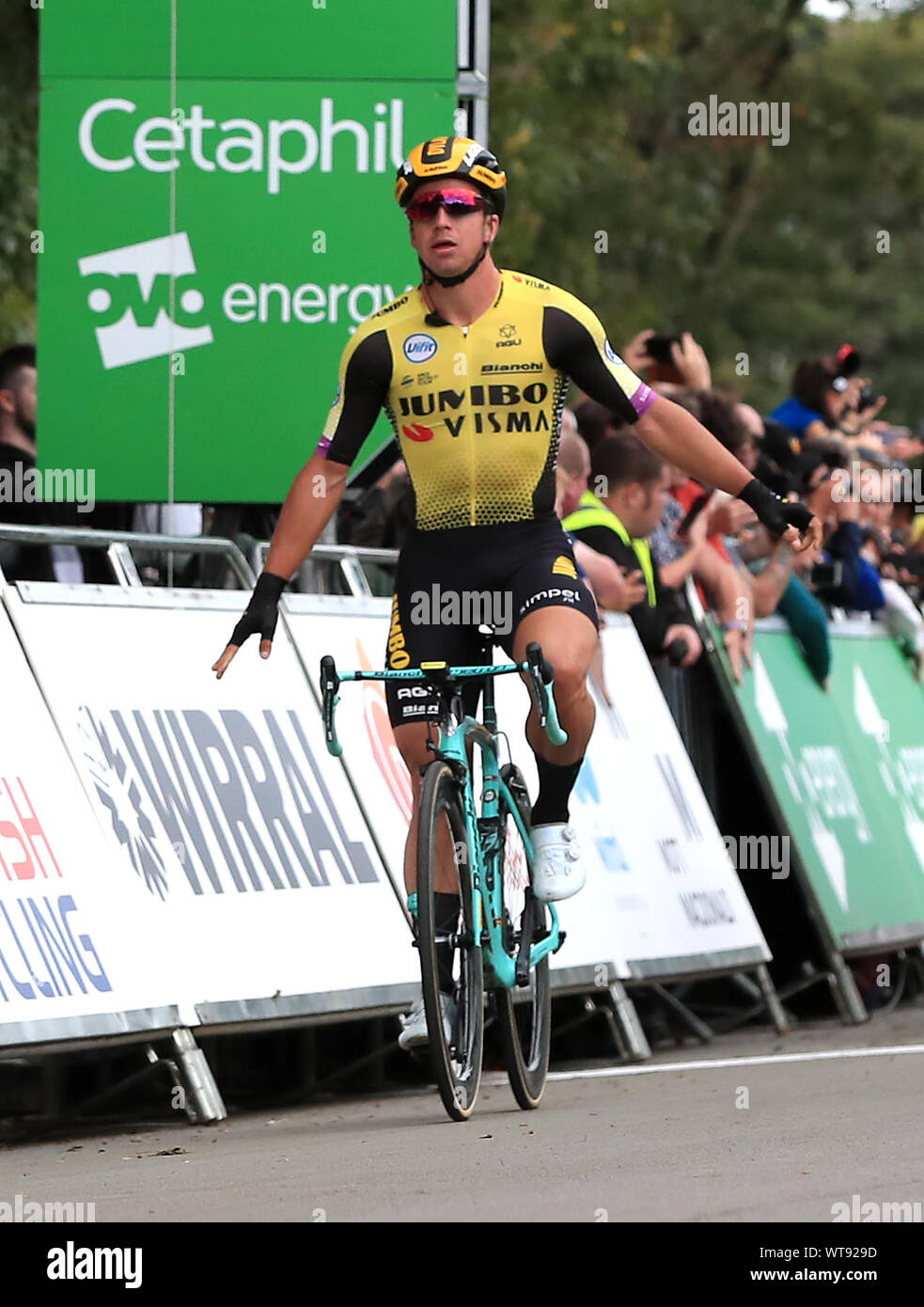 Dylan Groenewegen of team Jumbo-Visma wins the stage during stage five of the OVO Energy Tour of Britain from Birkenhead to Birkenhead. Stock Photo