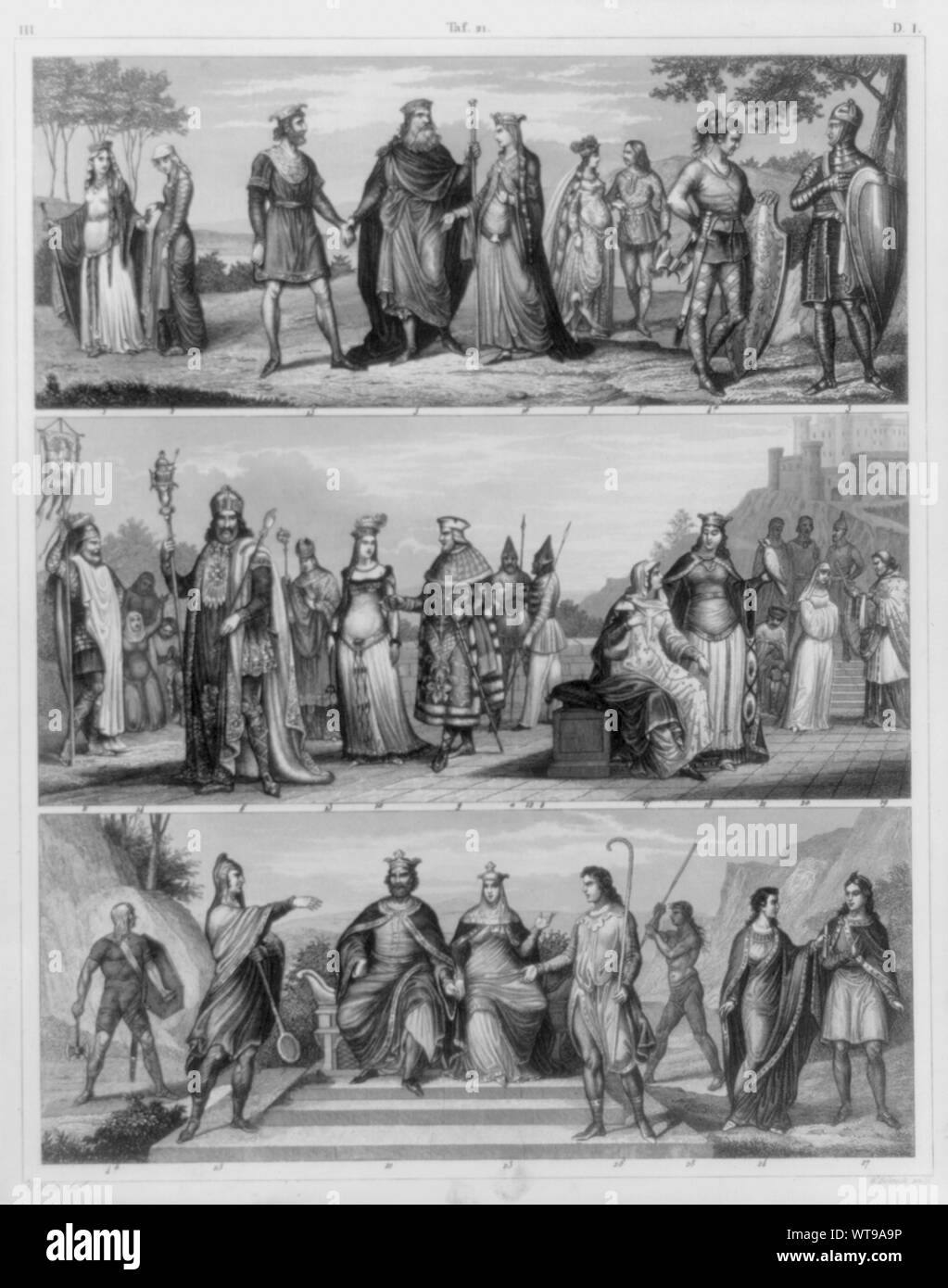Medieval costumes of Central Europe: fig. 1 Queen Clotilda; fig. 2 Maid of honor; fig. 3 Frankish leader; fig. 4 Frankish warriors; fig. 5 King Clovis; fig. 6, Charlemagne; fig. 7, 8 Prince & Princess; fig. 9, 10 Noble & wife; fig. 11 Leader under Charlemagne; fig. 12 Warriors; fig. 13 Bishop; fig. 14 common people; fig. 15-18 Frankish royal family; fig. 19, 20 Plebendary & nun; fig. 21 Citizen; fig. 22, 23 Norman king & queen; fig. 24-26 Norman nobles; fig. 27, 28 Norman citizen Stock Photo