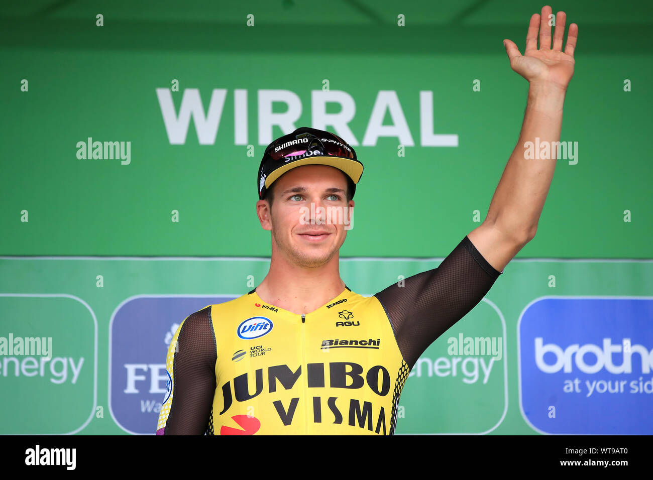 Dylan Groenewegen of team Jumbo-Visma celebrates the stage five win during stage five of the OVO Energy Tour of Britain from Birkenhead to Birkenhead. Stock Photo