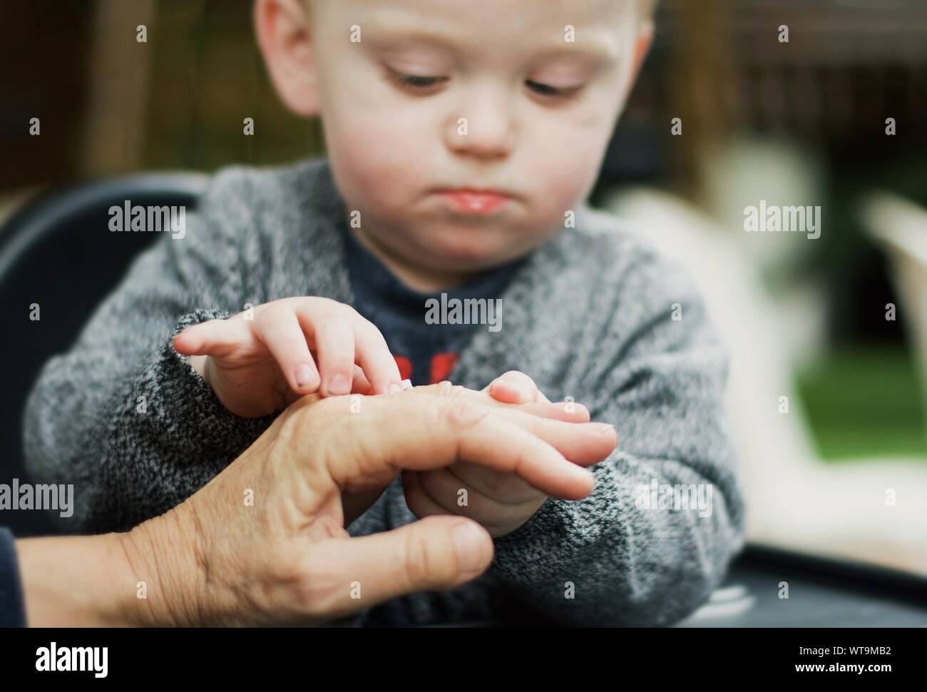 Boy Holding Cropped Hand Of Grandparent Stock Photo