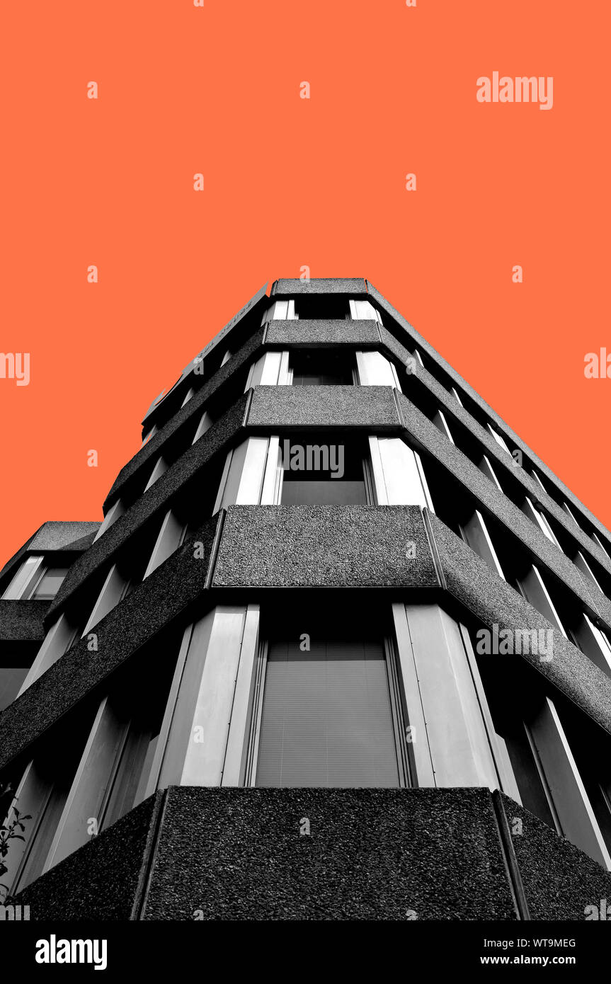 Sol House, Northampton. An example of late brutalism. Black and white with colourised sky background Stock Photo
