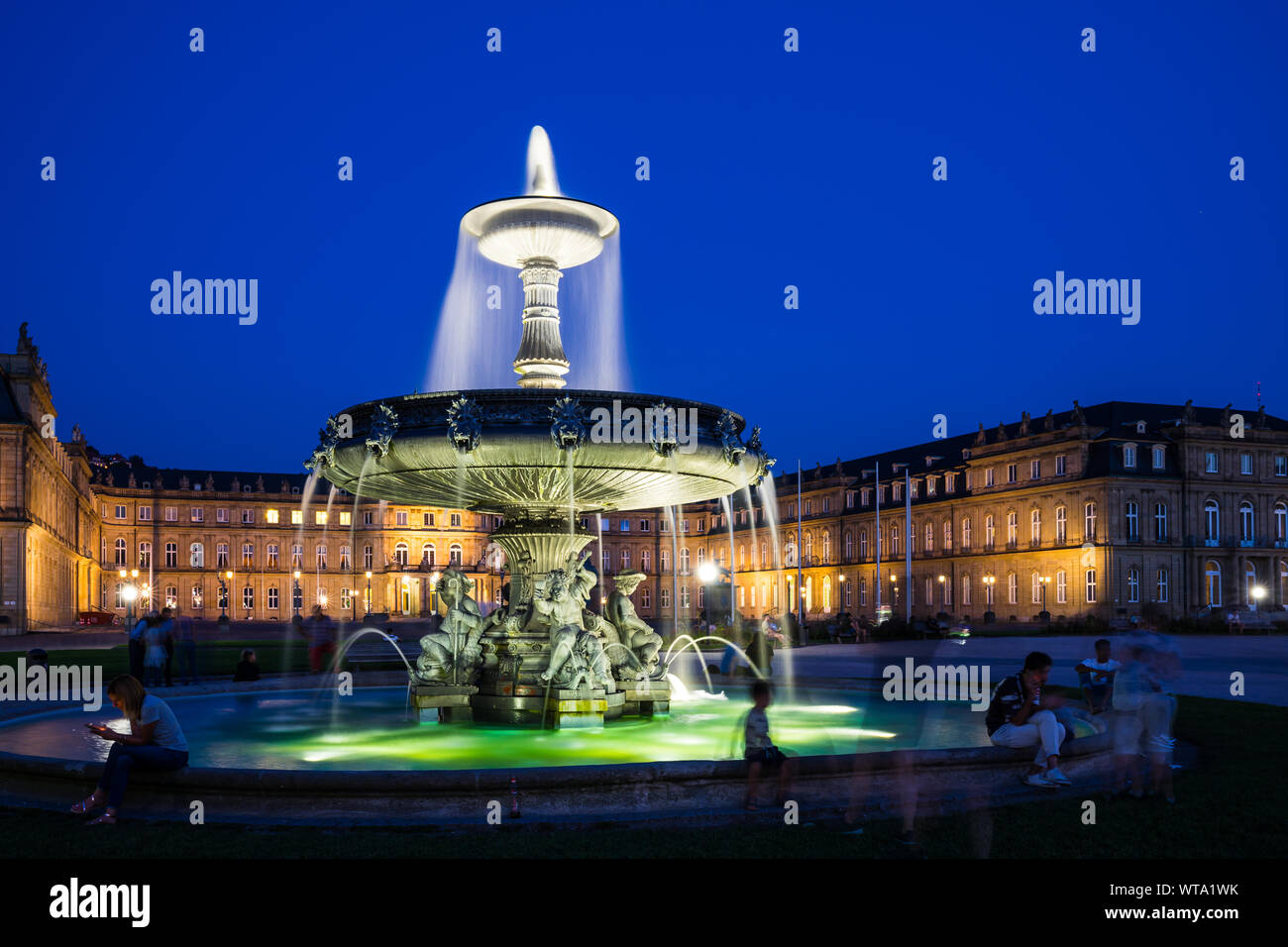 Stuttgart, Germany, August 25, 2019, Illuminated water fountain with ...