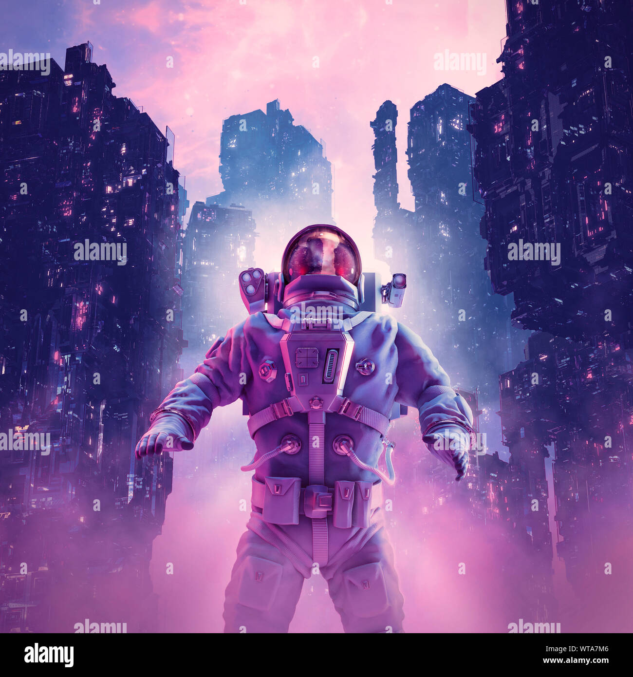 Neon night astronaut / 3D illustration of astronaut in futuristic neon lit cyberpunk city Stock Photo