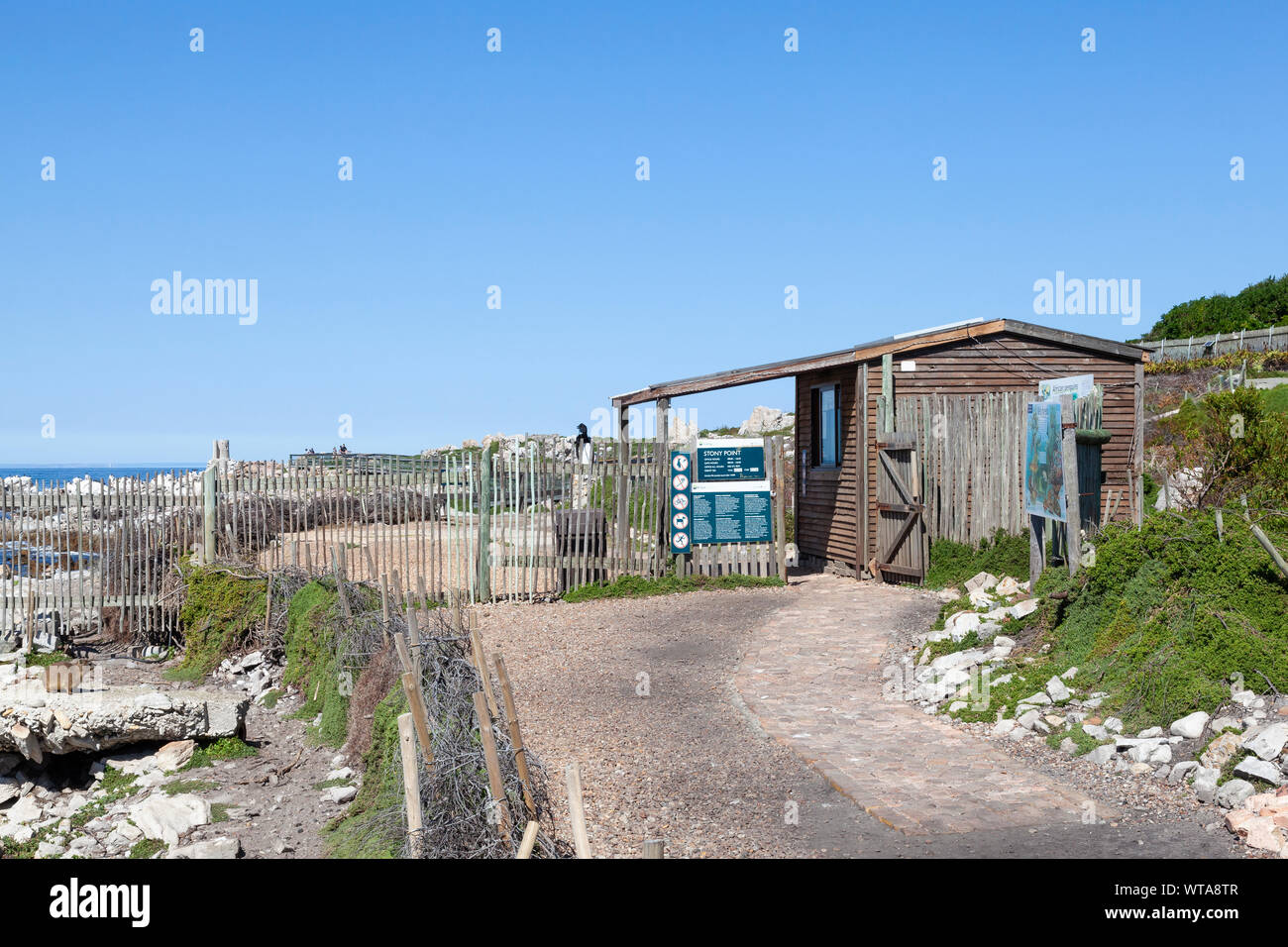 Entrance to the Stony Point Nature Reserve with its African Penguin and cormorant breeding colonies, Betty's Bay, Overberg, Western Cape, South Africa Stock Photo