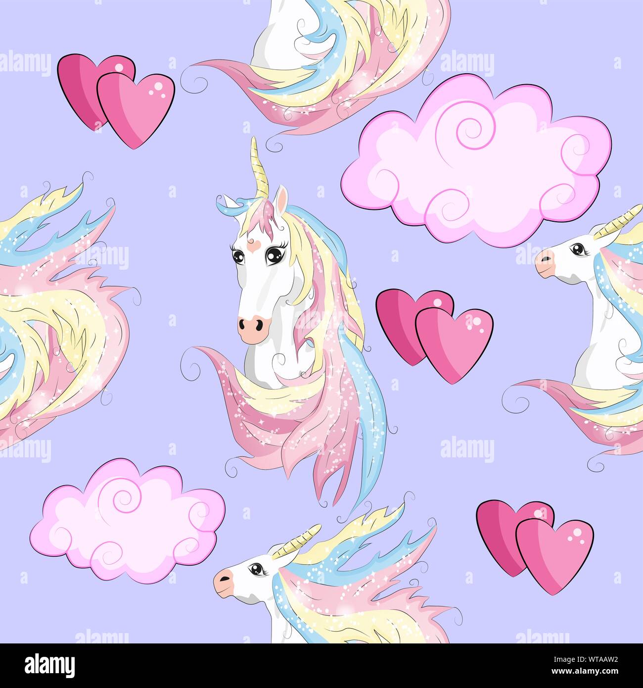 Seamless pattern with cute unicorns, clouds,rainbow and stars. Magic ...